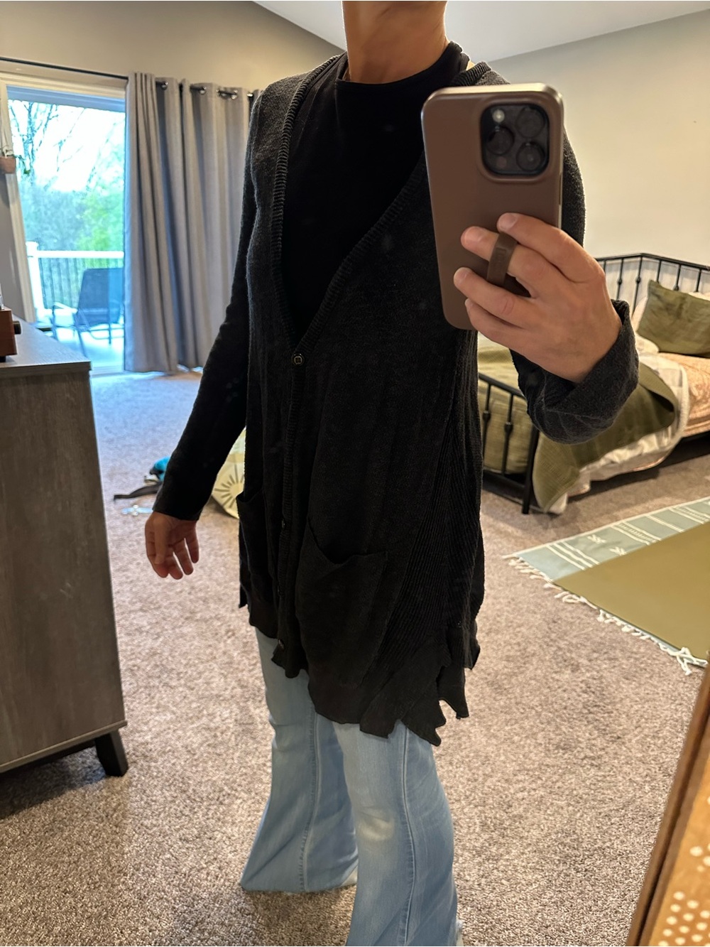 Free People Gray Long Open Cardigan with Pockets